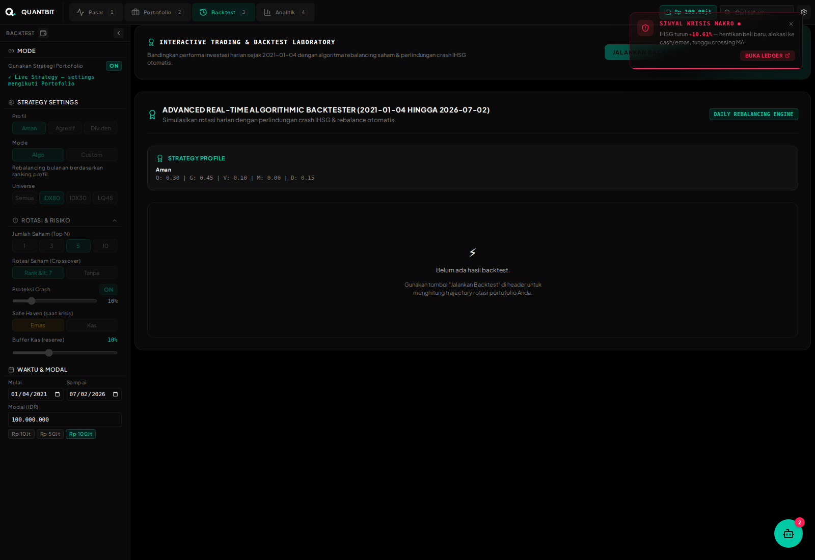 Screenshot asli Backtest Lab QUANTBIT